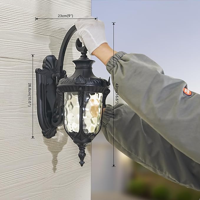 Outdoor Wall Lights, Waterproof Aluminum Porch Wall Light for Outside House, Patio, Yard, Garden, Black Gooseneck Exterior Wall Sconce, Hardwired Outdoor Acorn Shape Lantern Lamp, Water Ripple Glass