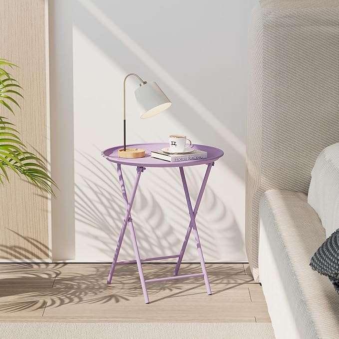 Garden 4 you Folding TV Tray Table, Metal Round Side Table, Purple Dinner Table with Metal Frame, Modern Outdoor Tray Table for Living Room, Bedroom, Patio & Small Spaces, 1 Pack