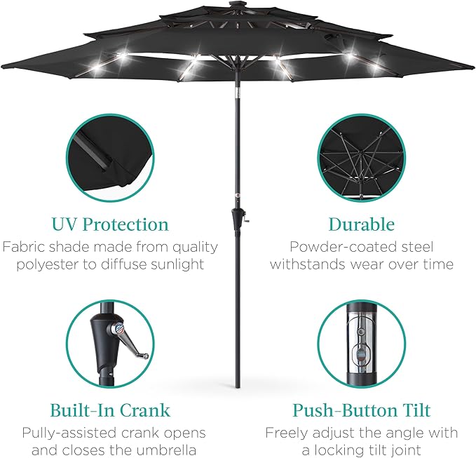 Best Choice Products 10ft 3-Tier Solar Patio Umbrella, Outdoor Market Sun Shade for Backyard, Deck, Poolside w/ 24 LED Lights, Tilt Adjustment, Easy Crank, 8 Ribs - Black
