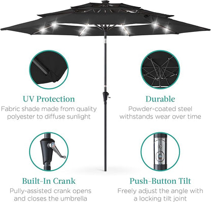 Best Choice Products 10ft 3-Tier Solar Patio Umbrella, Outdoor Market Sun Shade for Backyard, Deck, Poolside w/ 24 LED Lights, Tilt Adjustment, Easy Crank, 8 Ribs - Black