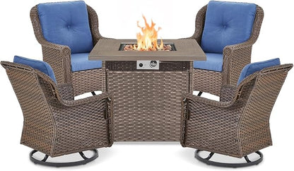 Outdoor Patio Swivel Gliders with Fire Pit Table 5 Piece Set - High Back Brown Wicker Rattan Rocking Chair with Thick Cushion for Porch Apartment Deck Yard Poolside Garden - Navy Blue