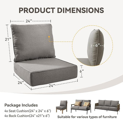Outdoor Cushion Set for Furniture Patio Furniture, UV Resistant, Water Resistant - 6 Inch Thick Foam Garden Cushions– 24x24 Inch Patio Seat Covers for Chair/Sofa/Couch | Grey | 4-Pack |