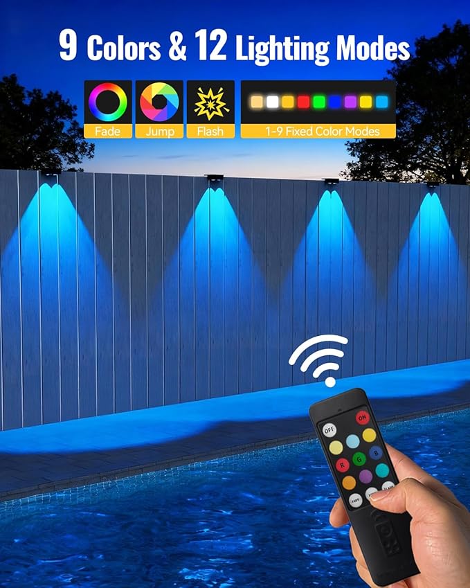 Solar Fence Lights Outdoor with Remote 8 Pack, Warm/Cool White & RGB 12 Modes, Deck Lights Solar Powered Waterproof, Led Backyard Lights for Step Stairs Railing Balcony Patio Decor