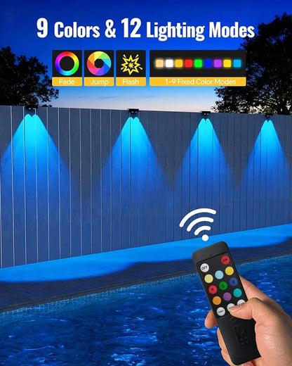 Solar Fence Lights Outdoor with Remote 8 Pack, Warm/Cool White & RGB 12 Modes, Deck Lights Solar Powered Waterproof, Led Backyard Lights for Step Stairs Railing Balcony Patio Decor