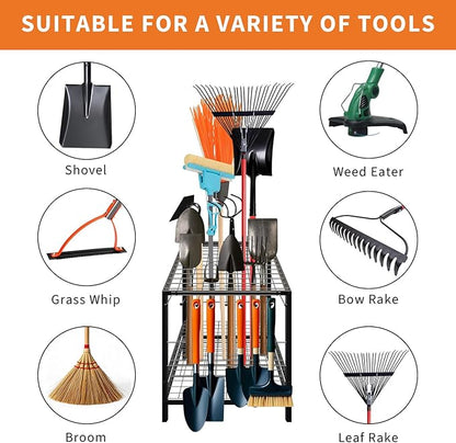 Garden Tool Organizer, Yard Tool Organizer, Metal Yard Tools Storage, Heavy Duty Garden Tool Organizer for Garage, Partitioned Tool Organizer and Storage for Shed, Garage, Tool Stand, Outdoor
