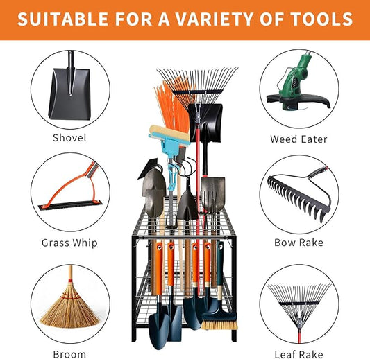 Garden Tool Organizer, Yard Tool Organizer, Metal Yard Tools Storage, Heavy Duty Garden Tool Organizer for Garage, Partitioned Tool Organizer and Storage for Shed, Garage, Tool Stand, Outdoor
