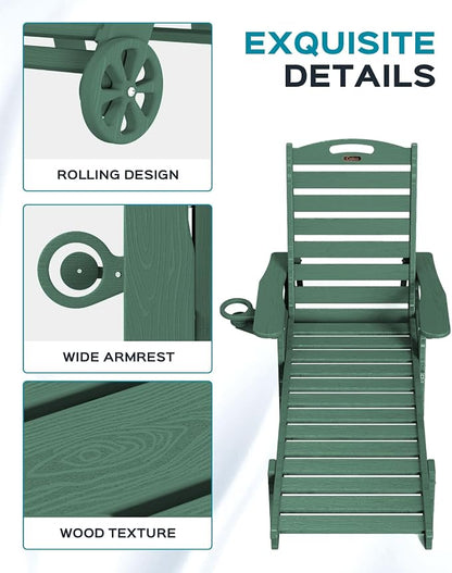 Ciokea Outdoor Lounge Chair with Rolling Wheels & Cup Holder, All Weather Patio Chaise Lounge Chair for Outside, 5 Position, HDPE Chair for Patio Deck, Pool, Green