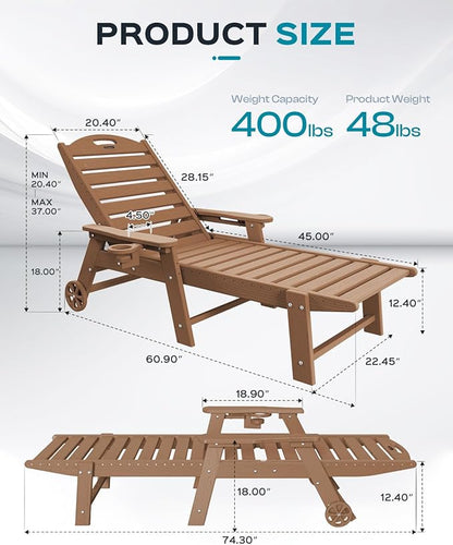 Lounge Chair Outdoor, Oversized Chaise Lounge Chair with 5 Positions, HDPE, Patio Lounge Chair with Wheels & Cup Holder for Pool, Deck, Poolside, Teak