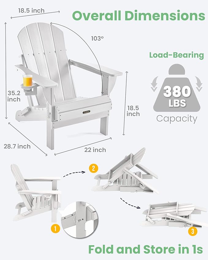 Ciokea Folding Adirondack Chair 6 Pack, Patio Adirondack Chair Weather Resistant, Plastic Fire Pit Chair with Cup Holder, Lawn Chair for Outdoor Porch Garden Backyard Deck (White)