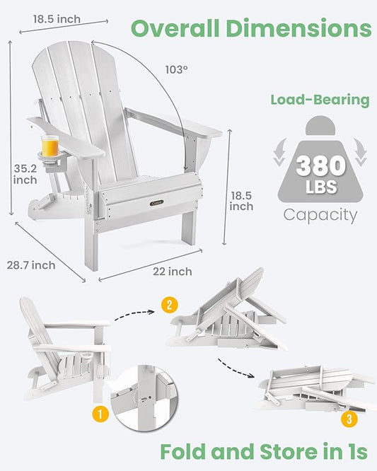 Ciokea Folding Adirondack Chair 6 Pack, Patio Adirondack Chair Weather Resistant, Plastic Fire Pit Chair with Cup Holder, Lawn Chair for Outdoor Porch Garden Backyard Deck (White)