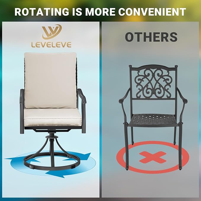 LEVELEVE 5 Piece Outdoor Patio Dining Set with 4 Swivel Dining Chairs & 1 Large Round Dining Table,Bistro Furniture Set for Lawn, Garden, Deck, Backyard and Porch