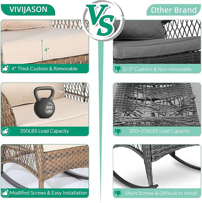 VIVIJASON 3-Piece Outdoor Conversation Bistro Set, Patio Wicker Rocking Chairs Rattan Furniture Sets w/ 2 Rattan Chairs, Cushions, Glass Top Side Table for Garden Porch Backyard