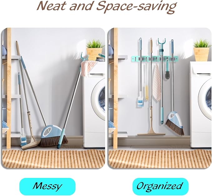 OUTNILI Turquoise Mop Broom Holder Wall Mount with 4 Slots & 4 Hooks - Wood Broom Mop Hanger for Pantry Closet Laundry Room Organization - for Teal Kitchen Decor and Accessories