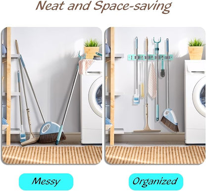 OUTNILI Turquoise Mop Broom Holder Wall Mount with 4 Slots & 4 Hooks - Wood Broom Mop Hanger for Pantry Closet Laundry Room Organization - for Teal Kitchen Decor and Accessories