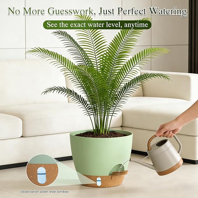 Plant Pots, 1 Pack 12 Inch Self Watering Pots with Drainage Holes, Water Level Indicator Deep Reservoir, Large Planters for Indoor Outdoor Plants - Green Brown