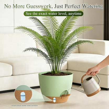 Plant Pots, 1 Pack 12 Inch Self Watering Pots with Drainage Holes, Water Level Indicator Deep Reservoir, Large Planters for Indoor Outdoor Plants - Green Brown