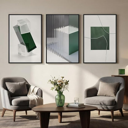 Large Framed Green and White Abstract Wall Art for Living Room, 3 Piece Modern Canvas Prints Paintings Artwork for Walls, Minimalist Geometric Pictures for Hallway Dining Bedroom Wall Decor 24x36 In