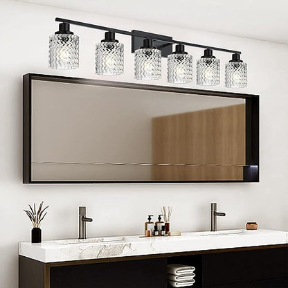 MELUCEE 6 Lights Bathroom Lighting Fixtures Over Mirror Black with Hammered Glass Shade, Vanity Light Indoor Wall Mounted Lamp for Bathroom Bedroom Kitchen