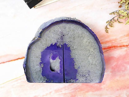 JIC Gem Purple Agate Bookends Geode Book Ends Decorativer Crystal Bookends for Heavy Duty with Rubber Bumpers (1 Pair, 6-8 LBS)