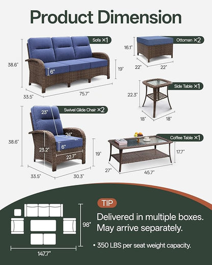 7-Piece Patio Furniture Set with 6-Inch Thick Cushions, High Back Outdoor Couch and Arm Chairs, All-Weather Conversation Set for Porch, Deck, Yard, Pool in Blue