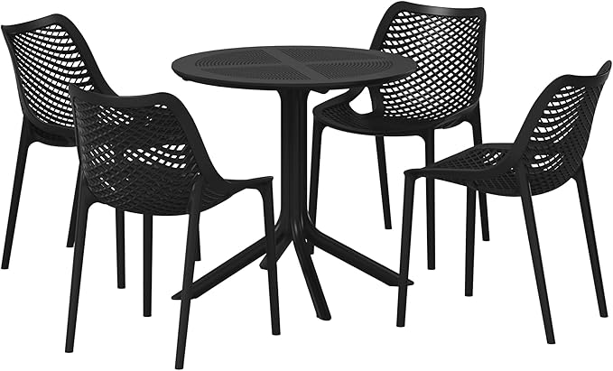 Costaelm Dining Table for 4 with Chair, HDPE Patio Round Dining Table and Stackable Chair, Outdoor Patio Furniture All Weather for Backyard Porch Poolside, Black