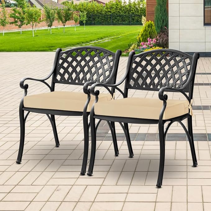 downluxe Waterproof Outdoor Chair Cushions for Patio Furniture, 19" x 19" x 2" Patio Chair Cushion with Adjustable Ties & Portable Handle, Square Outdoor Cushion with Removable Cover, Beige, 2 Pack
