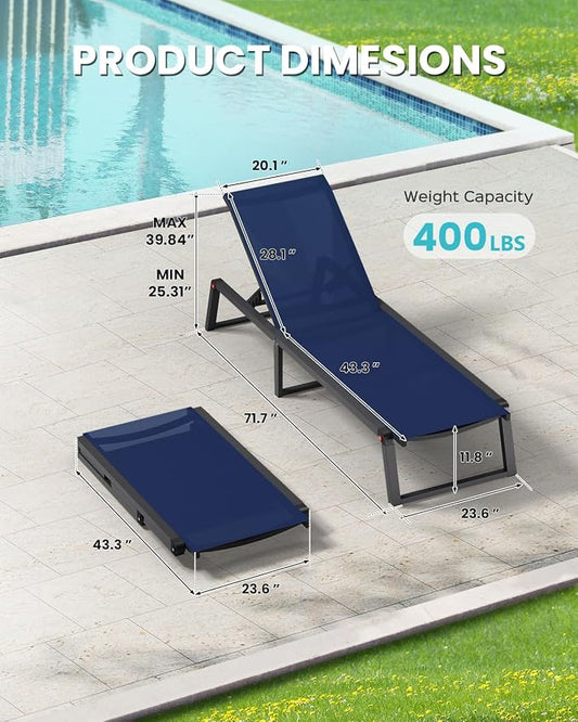 Aluminum Outdoor Chaise Lounge Chair Outdoor, Foldable & No Assembly Patio Pool Lounge Chairs 5-Position Recliner for Outside, Fully Grounded Legs Sun Lounger for Poolside, 4 Packs, Navy Blue