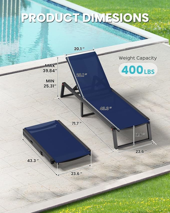 Aluminum Chaise Lounge Chair Outdoor, Foldable& No Assembly Patio Pool Lounge Chairs 5-Position Recliner for Outside, Fully Grounded Legs Sun Lounger for Poolside, Navy Blue, 2 Pack