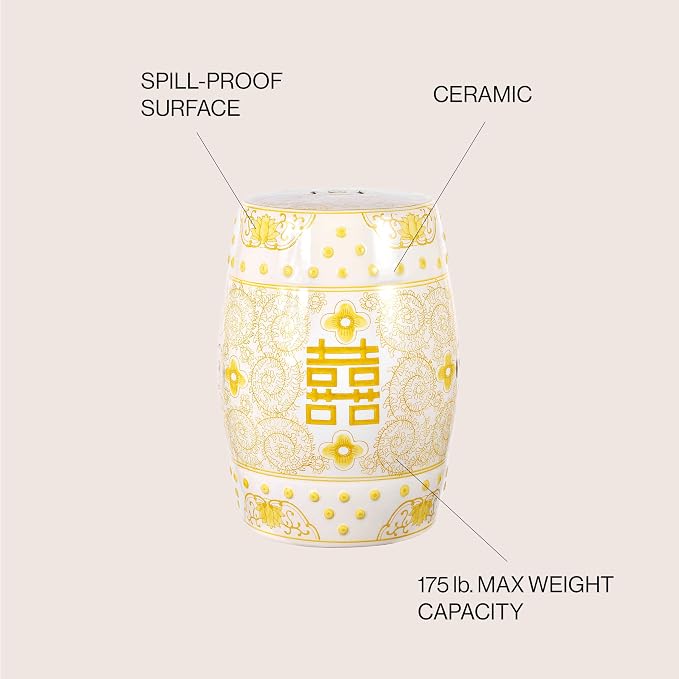 JONATHAN Y Double Happiness 18" Ceramic Garden Stool, Traditional Chinoiserie Yellow and White Indoor/Outdoor Patio Drum Accent Side Table and Plant Stand TBL1013B