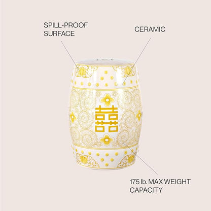 JONATHAN Y Double Happiness 18" Ceramic Garden Stool, Traditional Chinoiserie Yellow and White Indoor/Outdoor Patio Drum Accent Side Table and Plant Stand TBL1013B