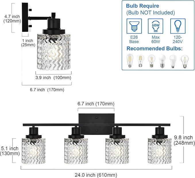 MELUCEE Matte Black Vanity Light 4 Lights Modern Bathroom Light Fixtures with Hammered Glass Shade, Indoor Metal Wall Lights for Powder Room Hallway Kitchen, E26 Base