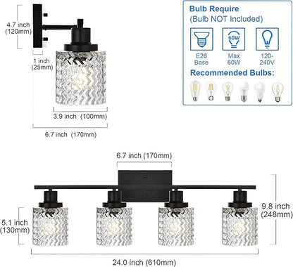MELUCEE Matte Black Vanity Light 4 Lights Modern Bathroom Light Fixtures with Hammered Glass Shade, Indoor Metal Wall Lights for Powder Room Hallway Kitchen, E26 Base