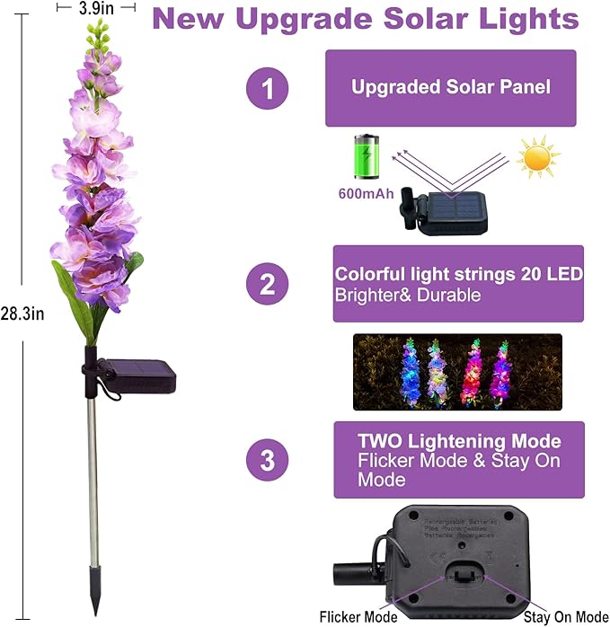 Solar Garden Lights, Solar Delphinium Flowers Lights 8 Pack 160 LEDs, Waterproof Outdoor Light Two Lighting Modes for Wedding Party Garden Yard Patio Lawn Decor and Gift for Mother