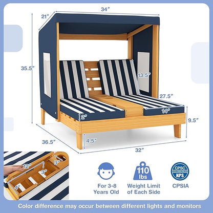 COSTWAY Kids Double Chaise Lounge Outdoor, 2-Seat Patio Lounge Chair with Cup Holders & Cushions, Kids Pool Lounger with Canopy, Wood Patio Furniture for Children Boys Girls 3 Year Old (Navy)