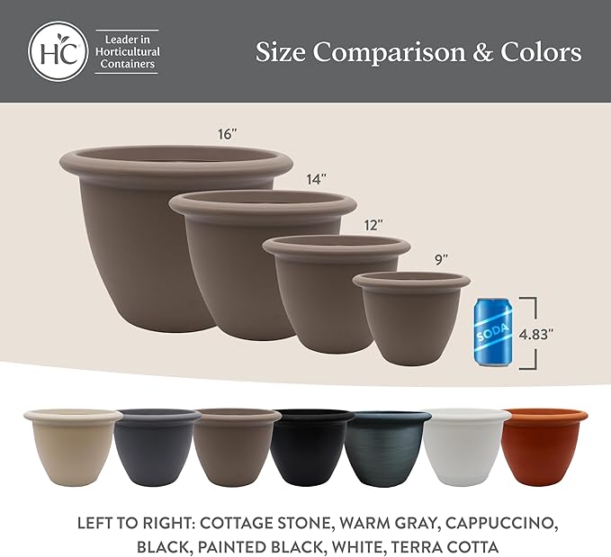 The HC Companies Sevilla Flower Planters - Durable Outdoor & Indoor Planter - Round Lightweight Self Watering Plant Pots for Herbs & More (9" Painted Black, Pack of 1)