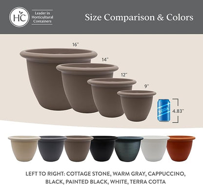 The HC Companies Sevilla Flower Planters - Durable Outdoor & Indoor Planter - Round Lightweight Self Watering Plant Pots for Herbs & More (9" Painted Black, Pack of 1)