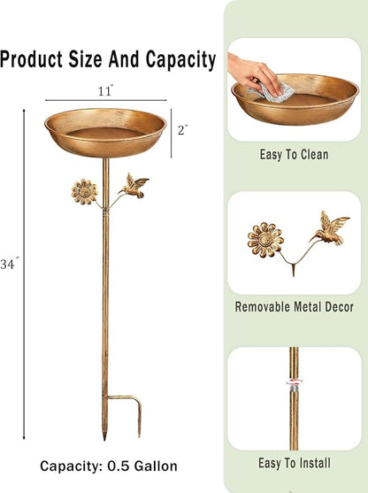Freestanding Bird Bath with Metal Stake - 11” Antique Bronze Metal Birdbath Bowl & Feeder for Outdoor Garden Yard Decor