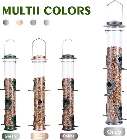 MIXXIDEA 1PK Metal Wild Bird Feeder,Squirrel Proof Bird Feeders for Outside,Hanging 6 Port Tube Bird Feeder Transparent Finch Bird Feeder for Attracting Birds in Your Lawn, Garden, Balcony-Gray