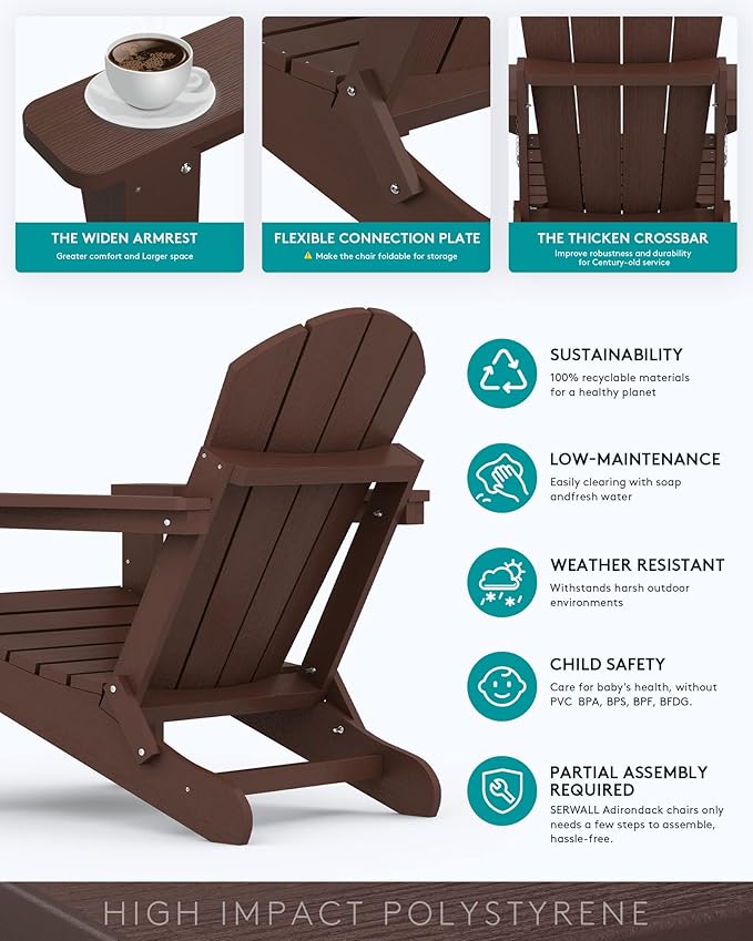 SERWALL Folding Adirondack Chair Set of 2, All Weather Adirondack Chairs with Cup Holder for Patio Garden Outdoors Fire Pit - Coffee