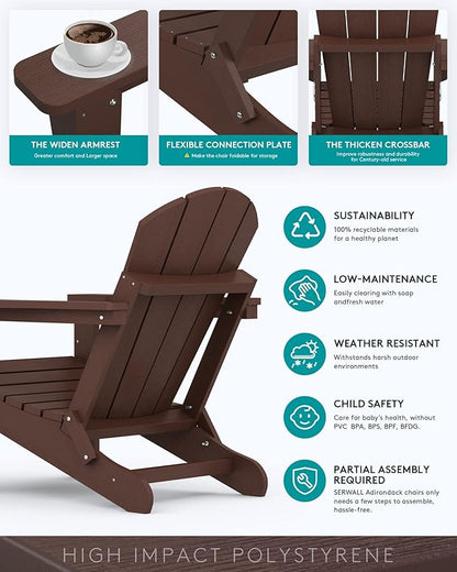 SERWALL Folding Adirondack Chair Set of 2, All Weather Adirondack Chairs with Cup Holder for Patio Garden Outdoors Fire Pit - Coffee