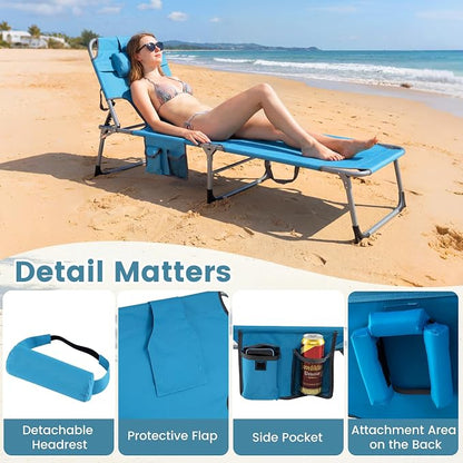 COSTWAY Tanning Chair with Face Hole, Folding Beach Lounge Chair with 4-Position Adjustable Backrest, Pillow & Side Pocket, Foldable Chaise Lounge Chair Outdoor for Sunbathing, Camping (2, Blue)
