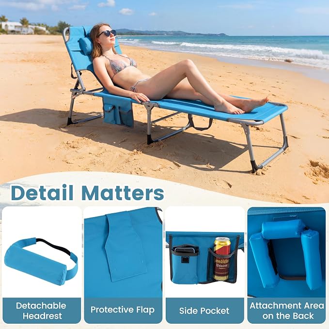 COSTWAY Tanning Chair with Face Hole, Folding Beach Lounge Chair with 4-Position Adjustable Backrest, Pillow & Side Pocket, Foldable Chaise Lounge Chair Outdoor for Sunbathing, Camping (1, Blue)