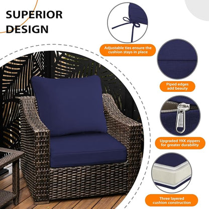 Sundale Outdoor Olefin Deep Seat Cushion Set of 2, Patio Chair Cushion and Pillow, Water-Resistant Sectional Sofa Pad with Straps Navy Blue, 24 x 24 x 4 Inches