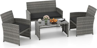 Tangkula 4 Piece Patio Wicker Furniture Set, Outdoor Heavy Duty Rattan Cushioned Chairs, Loveseat and Tempered Glass Coffee Table, for Backyard, Balcony, Poolside (Black)