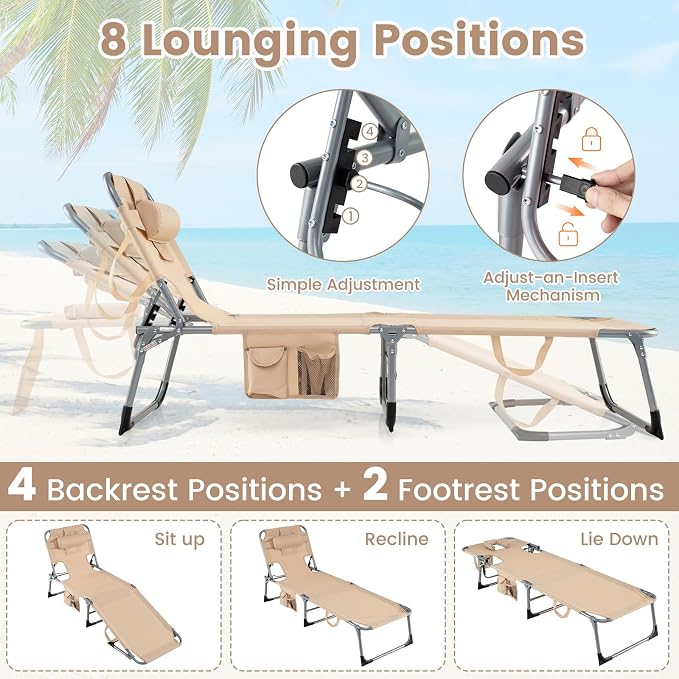 Goplus Tanning Chair, Folding Adjustable Patio Lounge Chair with Face Hole, Removable Pillow, 330LBS, Carry Strap, Outdoor Sunbathing Chair, Lightweight Portable Beach Lounge Chair (1, Beige)