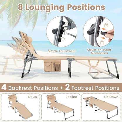 COSTWAY Tanning Chair with Face Hole, Folding Beach Lounge Chair | 4-Position Adjustable Backrest, Pillow & Side Pocket, Foldable Chaise Lounge Chair Outdoor for Sunbathing, Camping (1, Beige)