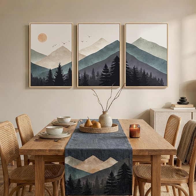 Framed Boho Abstract Neutral Landscape Wall Art for Living Room, Large 3 Piece Mountain Forest Canvas Artwork for Walls, Modern Minimalist Nature Pictures Bedroom Hallway Office Wall Decor, 20x30 Inch