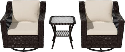 VistaVibe 3 Pieces Outdoor Patio Conversation Furniture Set - 360 Degree Swivel Glider Rocker Chairs | Wicker End Table, Washable Cushions, Hand-Woven PE Rattan, Lawn, Sunroom (Brown/Beige)