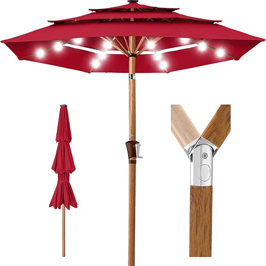Best Choice Products 10ft 3-Tier Solar Patio Market Umbrella, Outdoor Sun Shade for Backyard, Deck, Poolside, Table w/Woodgrain Pattern, LED Lights, Tilt Adjustment - Red