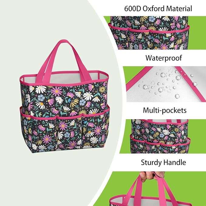Floral Garden Tool Bag - Waterproof Garden Tote with 8 Pockets, Large Storage Home Organizer Gardening Tool Oxford Bag for Garden Tools Kits Holder, Ideal Outdoor Gardening Gift for Women & Men